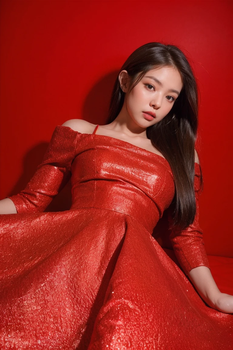 21yo girl, dress, red background