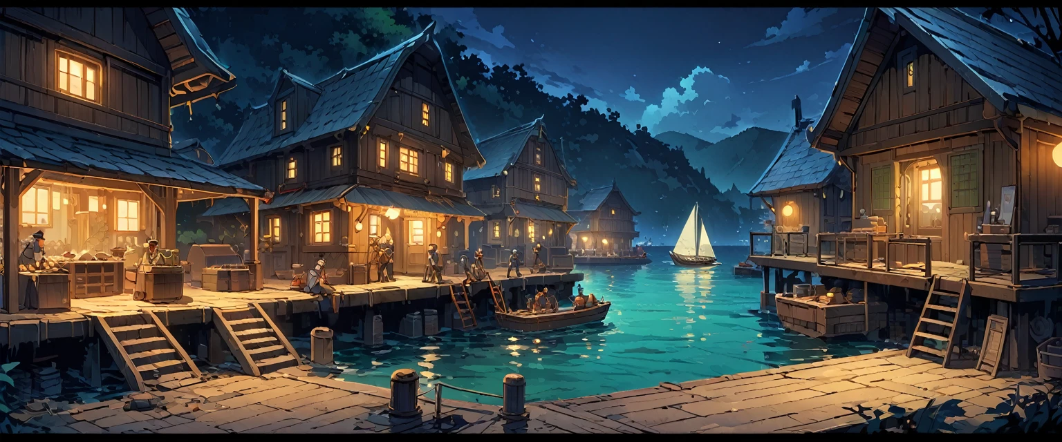 port(中世纪的欧洲port)，There are three small wooden boats and a large sailboat on the water.，They are moored at the pier，Workers are busy moving goods，Night view。Mid-ground composition，Panorama pictures，Scene screen，Game concept art style，Anime illustration style，HD，4K。