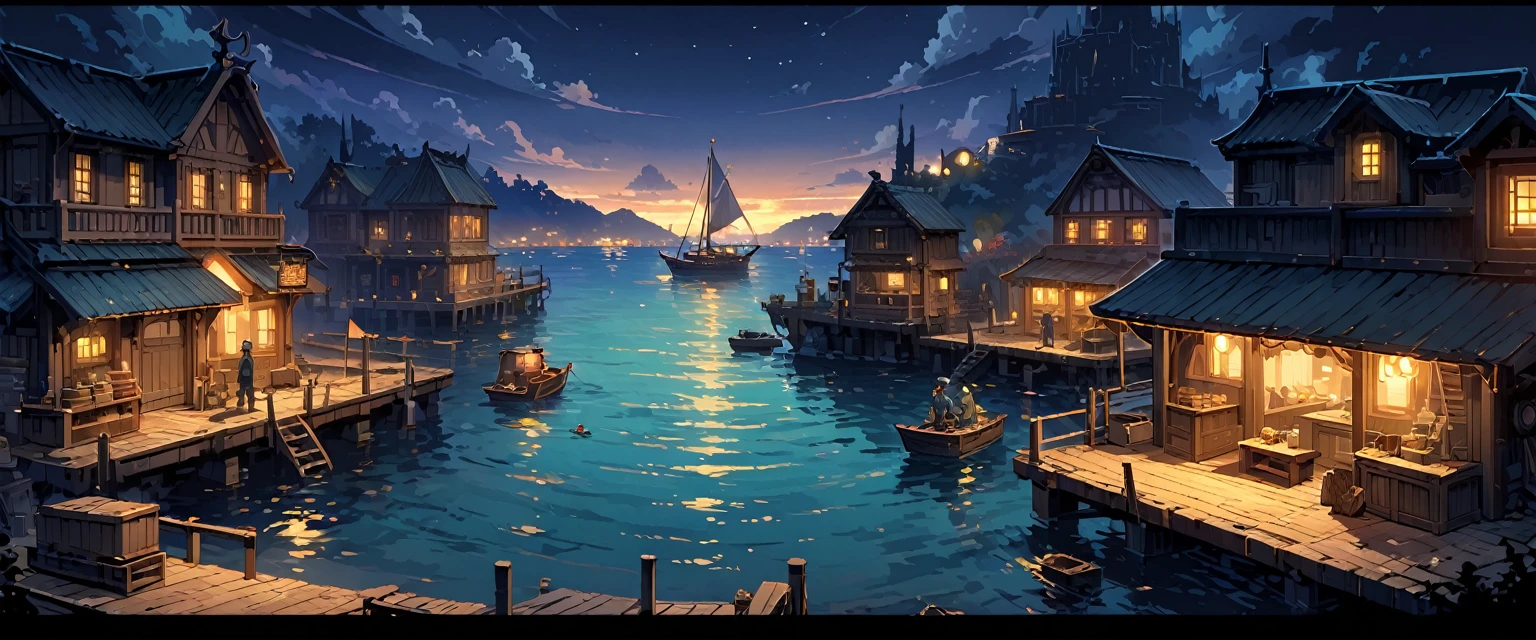 port(中世纪的欧洲port),There are three small wooden boats and a large sailboat on the water.,They are moored at the pier,Workers are busy moving goods,Night view。Mid-ground composition,Panorama pictures,Scene screen,Game concept art style,Anime illustration style,HD,4K。