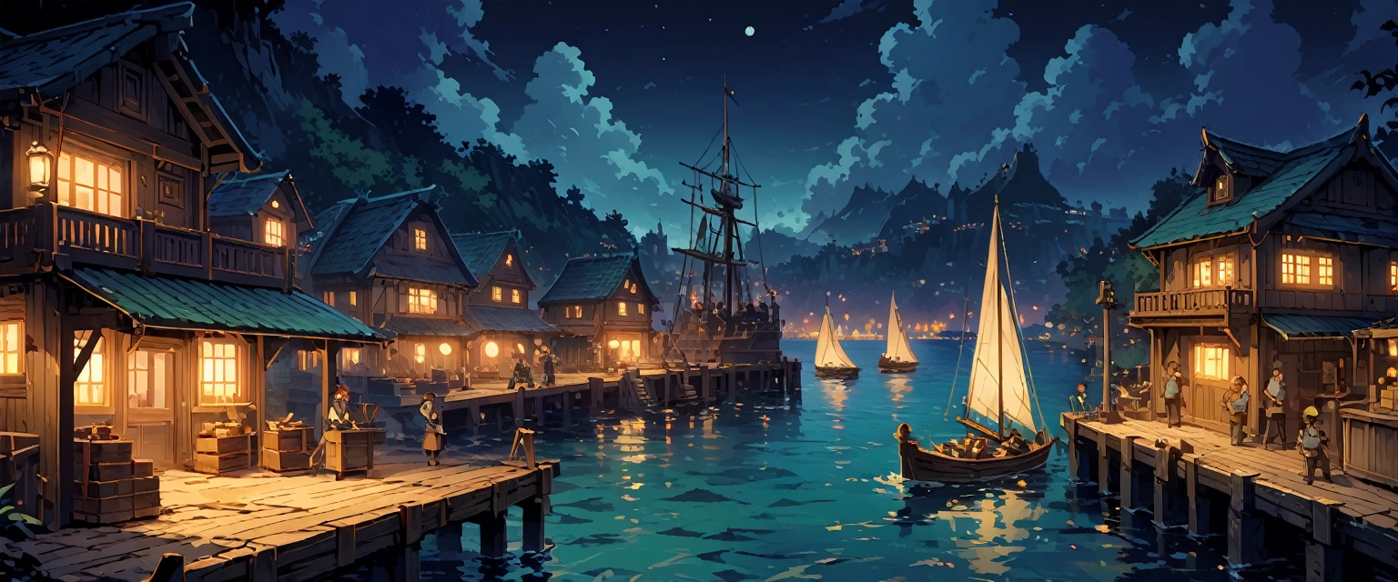 port(中世纪的欧洲port)，There are three small wooden boats and a large sailboat on the water.，They are moored at the pier，Workers are busy moving goods，Night view。Mid-ground composition，Panorama pictures，Scene screen，Game concept art style，Anime illustration style，HD，4K。