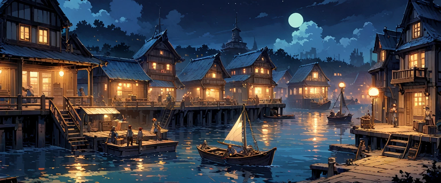 port(中世纪的欧洲port),There are three small wooden boats and a large sailboat on the water.,They are moored at the pier,Workers are busy moving goods,Night view。Mid-ground composition,Panorama pictures,Scene screen,Game concept art style,Anime illustration style,HD,4K。