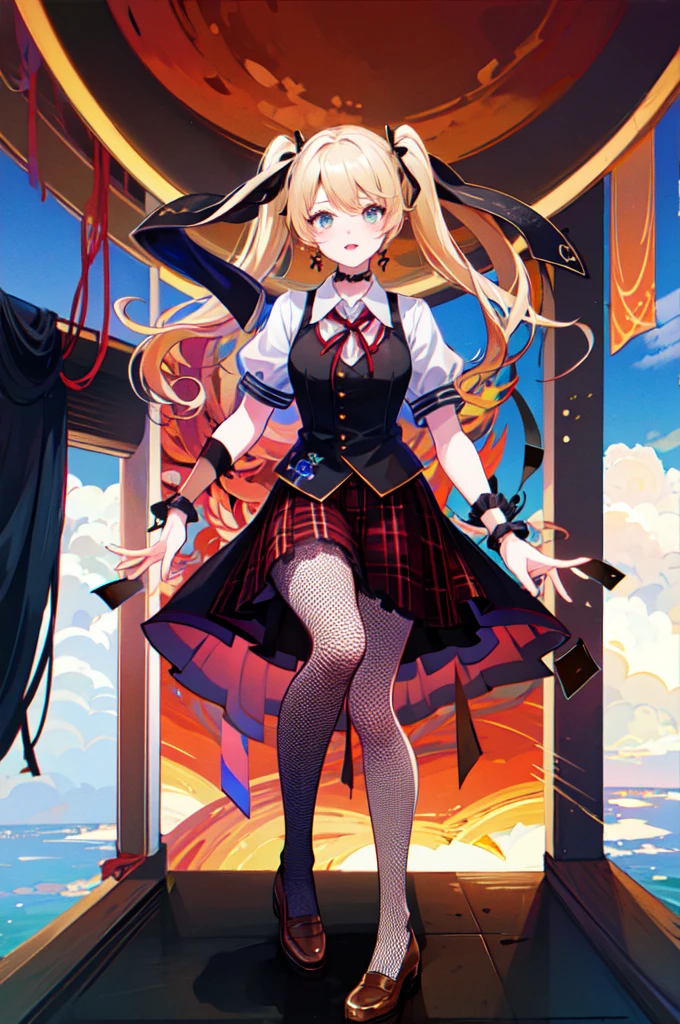 (Highest quality, masterpiece:1.2), Super detailed, Ultra-high resolution,
One girl, full_body, Lie in,
(Twin tails, blonde_hair, green_eye:0.8), ribbon, hair_ribbon,
choker, Black tie,
shirt, skirt, Plaid,
Fishnet tights,