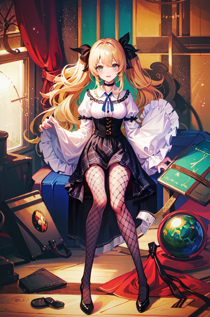 (Highest quality, masterpiece:1.2), Super detailed, Ultra-high resolution,
One girl, full_body, Lie in,
(Twin tails, blonde_hair, green_eye:0.8), ribbon, hair_ribbon,
choker, Black tie,
shirt, skirt, Plaid,
Fishnet tights,