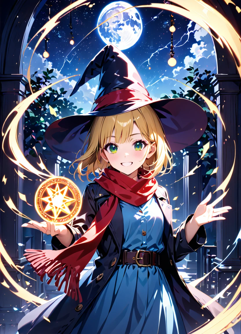 1girl, little girl, small breasts, yellow hair, green eyes, very short hair, deep blue witch hat, black trench coat, open coat, blue long-sleeved shirt, deep blue long skirt, red scarf, BREAK kawaii, grin, cowboy shot, casting spell, night sky, starry sky, lunar eclipse, magic circle, lightning effect, (wind:1.5), BREAK detailed face, smooth skin, cinematic lighting, volumetric shadow, BREAK 3D CG illustration, score_9, score_8_up, score_7_up, (masterpiece:1.2), (best quality:1.2), (very aesthetic:1.2), (absurdres:1.2), (detailed background), newest, (intricate:1.2), ai-generated, BREAK