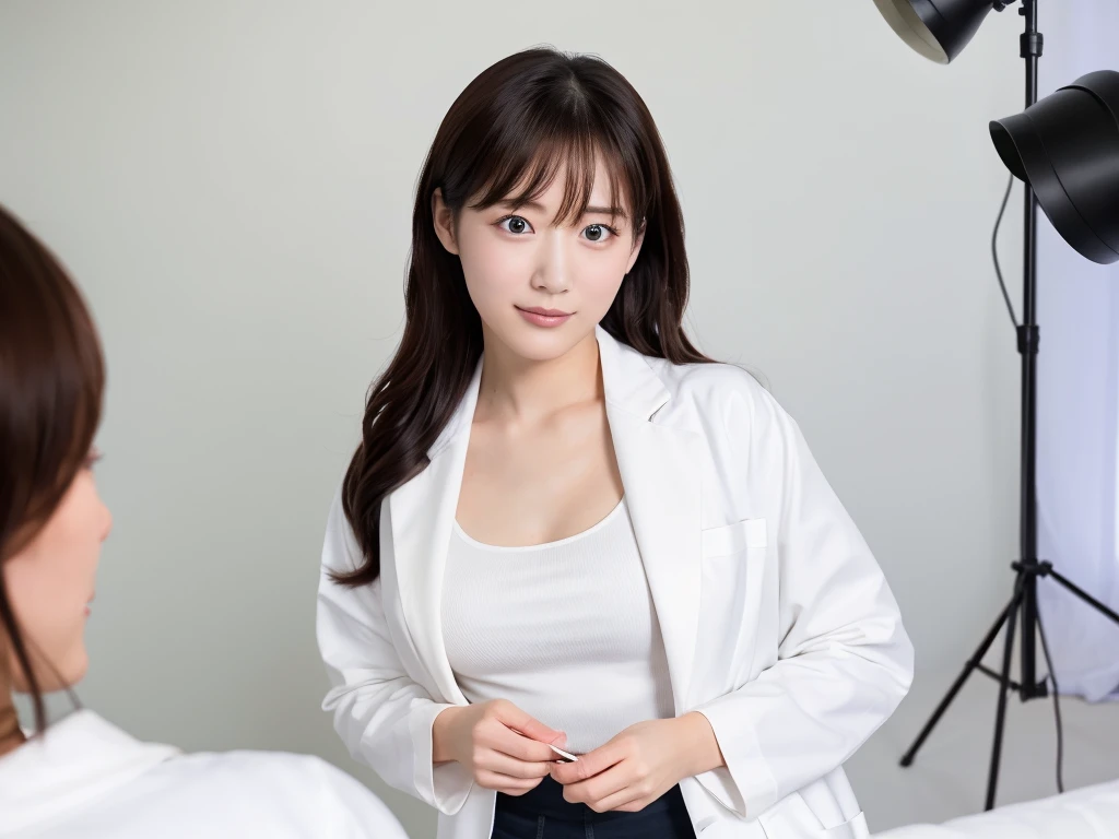 A live-action photo of an extremely beautiful Japanese high school girl race queen who highlights her large breasts and beautiful legs.、Wearing a miniskirt and white lab coat at a photo studio, she takes promotional photos for compensated dating.、She is an eternal idol who combines a clean look with modern charm.。 She creates such beauty。 She feels her own warmth。 She creates a warm atmosphere。 We create beauty。 That's what I want to say。 In her full body photo、The figure features porcelain-like skin and golden hair that radiates a soft glow.。 This is probably、It captured the essence of her timeless charm.、This is the best shot ever.。 Each straight line and curve is carefully expressed.、Breathtakingly beautiful with impeccable detail。 This piece perfectly captures her timeless beauty.。 Divine Proportions、Sharp focus、Full-body photo taken by Kishin Shinoyama、high quality、High resolution、Detailed Background