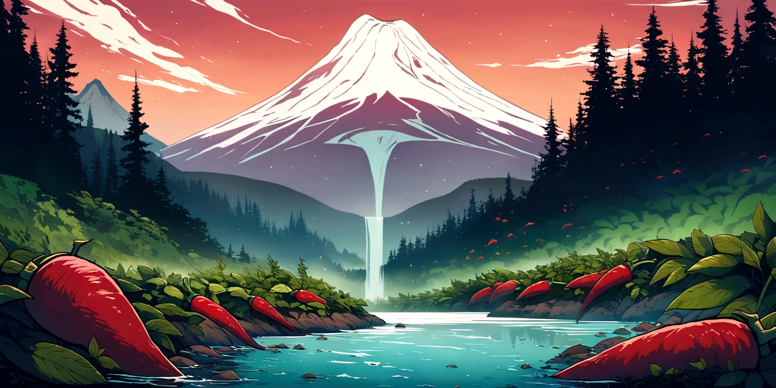 ultra wide landscape flooded with light moebius style, giant Red chilis, large basil, mt hood, waterfall, forest