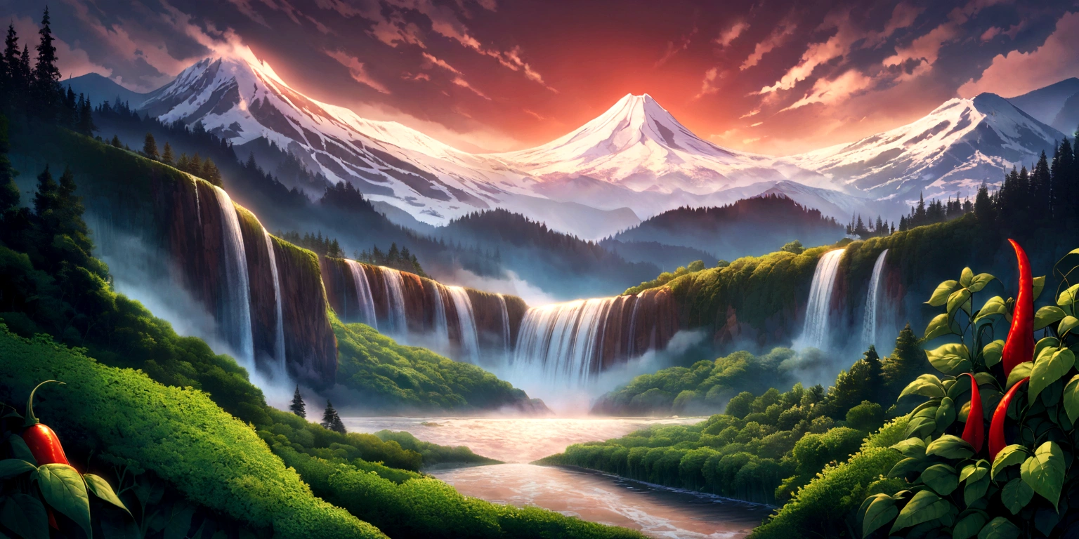 ultra wide landscape flooded with light moebius style, giant Red chilis, large basil, mt hood, waterfall, forest