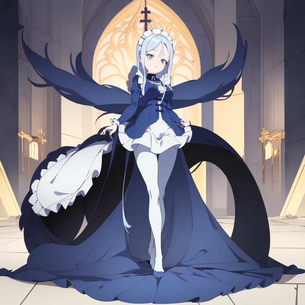 ((cathedral background)),1 girl! Ray tracing, best shadows, high resolution (dim lighting) blue hair, plump and slender girl, (girl wearing white shirt, black wrinkled skirt, with black transparent pantyhose), showing a delicate slim figure and graceful curves, correctly positioned and reasonable limbs! facial details! Delicate facial features, pay attention to the position details of the legs! Pay attention to hand details! High quality! More eligible! Reduce errors, ultra-detailed CG, more reasonable picture! Delicate finger detailing,((blue medium hair)),((White Maid Costume)),blue eyes,((whole body)),whole body,((White Maid Costume)),((White Maid Costume)),evil smile,((cathedral background)),((cathedral background)),