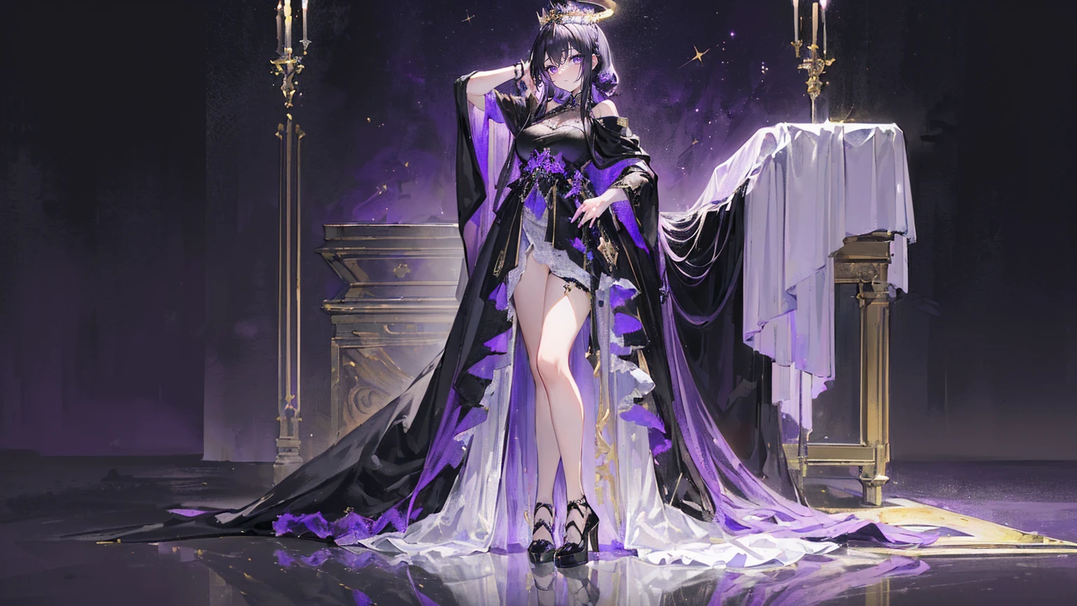 (Super detailed)),((illustration)),((masterpiece)),(((need))),((fine、Highest quality CG Unity 8K wallpapers,masterpiece),((4K,masterpiece,best quality)),Black hair queen,Sexy,Lilac eyes,Standing upright in a coffin,Mature,Hair tied on both sides,Black and gold gauze robe,Black and purple French vintage clothing,Gorgeous black cape,Black veil,Purple-white halo,Black and purple high heels,Wearing a crown on the head,Holding a knight's sword,pyramid,Emitting dim purple light,under deep sea,under deep sea的废墟,under deep sea排满棺材,Mysterious symbols