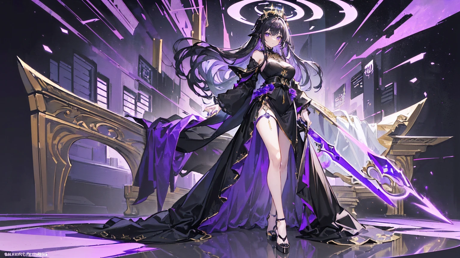 (Super detailed)),((illustration)),((masterpiece)),(((need))),((fine、Highest quality CG Unity 8K wallpapers,masterpiece),((4K,masterpiece,best quality)),Black hair queen,Sexy,Lilac eyes,Standing upright in a coffin,Mature,Hair tied on both sides,Black and gold gauze robe,Black and purple French vintage clothing,Gorgeous black cape,Black veil,Purple-white halo,Black and purple high heels,Wearing a crown on the head,Holding a knight's sword,pyramid,Emitting dim purple light,under deep sea,under deep sea的废墟,under deep sea排满棺材,Mysterious symbols