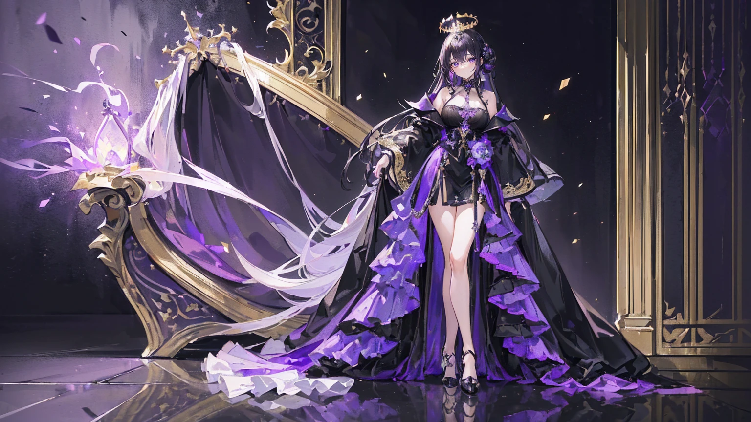 (Super detailed)),((illustration)),((masterpiece)),(((need))),((fine、Highest quality CG Unity 8K wallpapers,masterpiece),((4K,masterpiece,best quality)),Black hair queen,Sexy,Lilac eyes,Standing upright in a coffin,Mature,Hair tied on both sides,Black and gold gauze robe,Black and purple French vintage clothing,Gorgeous black cape,Black veil,Purple-white halo,Black and purple high heels,Wearing a crown on the head,Holding a knight's sword,pyramid,Emitting dim purple light,under deep sea,under deep sea的废墟,under deep sea排满棺材,Mysterious symbols