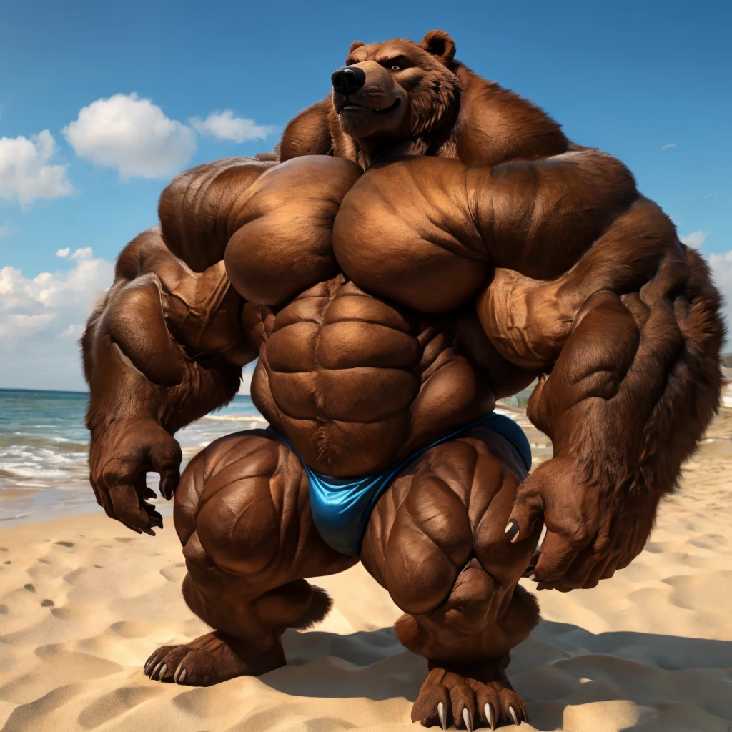 beach, extremely huge muscular, massive muscular, full-body, well-muscled old grizzly bear in shirtless and topless. ((extremely muscle size, super thick arms, huge pectoral, extremely wide pectoral , huge arms)).  and add details to make it attractive and interesting. Add textures and details to make the image more realistic, such as the appearance of the brown fur texture and the appearance of the brown skin. Make sure the resulting image is high resolution, 8K quality."