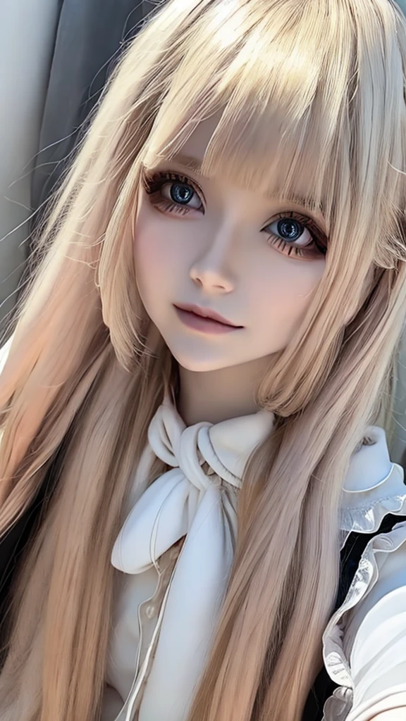 perfectly beautiful face、Messy silky beautiful blonde hair、12 year old beautiful cute girl、Very beautiful beautiful bright pale sky blue big eyes、very super long beautiful blonde silky shiny hair、long beautiful bangs、very big eyes、small face beauty、eyeliner、very white shiny skin、gross face、cheek gloss、hair above eyes、片hair above eyes、hair between eyes、