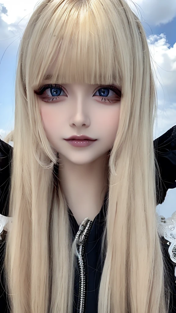 perfectly beautiful face、Messy silky beautiful blonde hair、12 year old beautiful cute girl、Very beautiful beautiful bright pale sky blue big eyes、very super long beautiful blonde silky shiny hair、long beautiful bangs、very big eyes、small face beauty、eyeliner、very white shiny skin、gross face、cheek gloss、hair above eyes、片hair above eyes、hair between eyes、