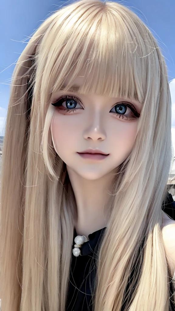 perfectly beautiful face、Messy silky beautiful blonde hair、12 year old beautiful cute girl、Very beautiful beautiful bright pale sky blue big eyes、very super long beautiful blonde silky shiny hair、long beautiful bangs、very big eyes、small face beauty、eyeliner、very white shiny skin、gross face、cheek gloss、hair above eyes、片hair above eyes、hair between eyes、