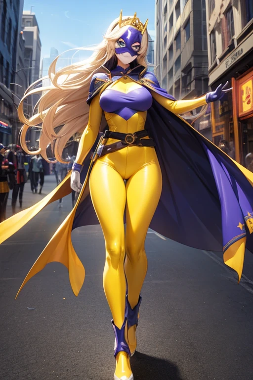 anime girl in a yellow cape and black outfit standing on a ledge, style artgerm, cushart krenz key art feminine, krenz cushart and artgerm, in the style artgerm, android heroine, style of artgerm, extremely detailed artgerm, artgerm style, ig model | artgerm, ((best quality)), ((masterpiece)), (detailed), 1 girl, Full body, 19 years old, White skin, Smiling face, Blue eyes, Star shaped tiara, Arms outstretched, Arms behind waist, Masked face, Eye mask, Superhero mask, blue mask, Blushing, Blonde hair, Straight hair, Long hair, Bangs, 2 star clips on the sides of hair, Full body, Medium breasts, Slim body, Hands with yellow stars on them, Wrist bands, Long yellow gloves, Purple gloves, Superhero costume, Superheroes, Full body entirely yellow suit, With a big yellow star in the center, Star emblem, Somewhat tight, Long yellow cape on waist, Red belt, Thighs with tights purple, purple boots, flying, city background, anime, note that says Lady Estrella
