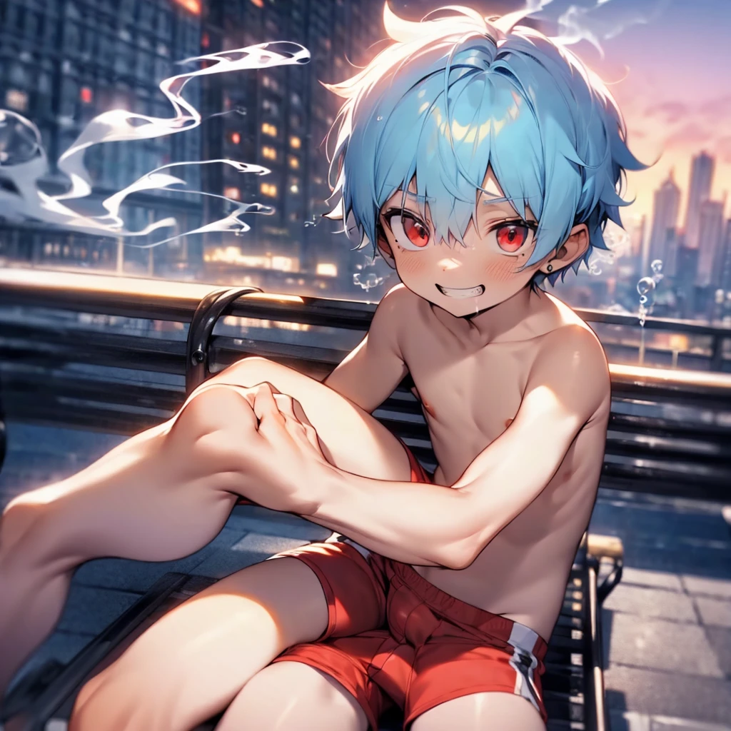 (solo:2), (boldline:-1.8), (smoking:1.6), (((bubble))), (sitting on bench:1.5), (spread legs:1.5), (((fang))), (((best finger))), BREAK (best quality:1.5), (absolutely resolution:1.5), (ultra detailed:1.5), (masterpiece:1.5), (perfect face), (detailed face), (detailed eyes), (best eyes), (cute face), (shota:2), BREAK (topless:1.5), BREAK (red short pants:1.5), (bulge:1.6), (skinny:1.3), (spiked hair), BREAK (light blue hair:1.5), (wine red eyes:1.4), (eyes with highlight:1.6), ((mole under eye)), (sweaty skin), (light skin), (grin:1.5), ((earrings)), (shiny skin:1.3), BREAK (garden), (building:1.5), (at twilight:1.5), ((wind blowing)), ((nipple)), (abs), (groin),