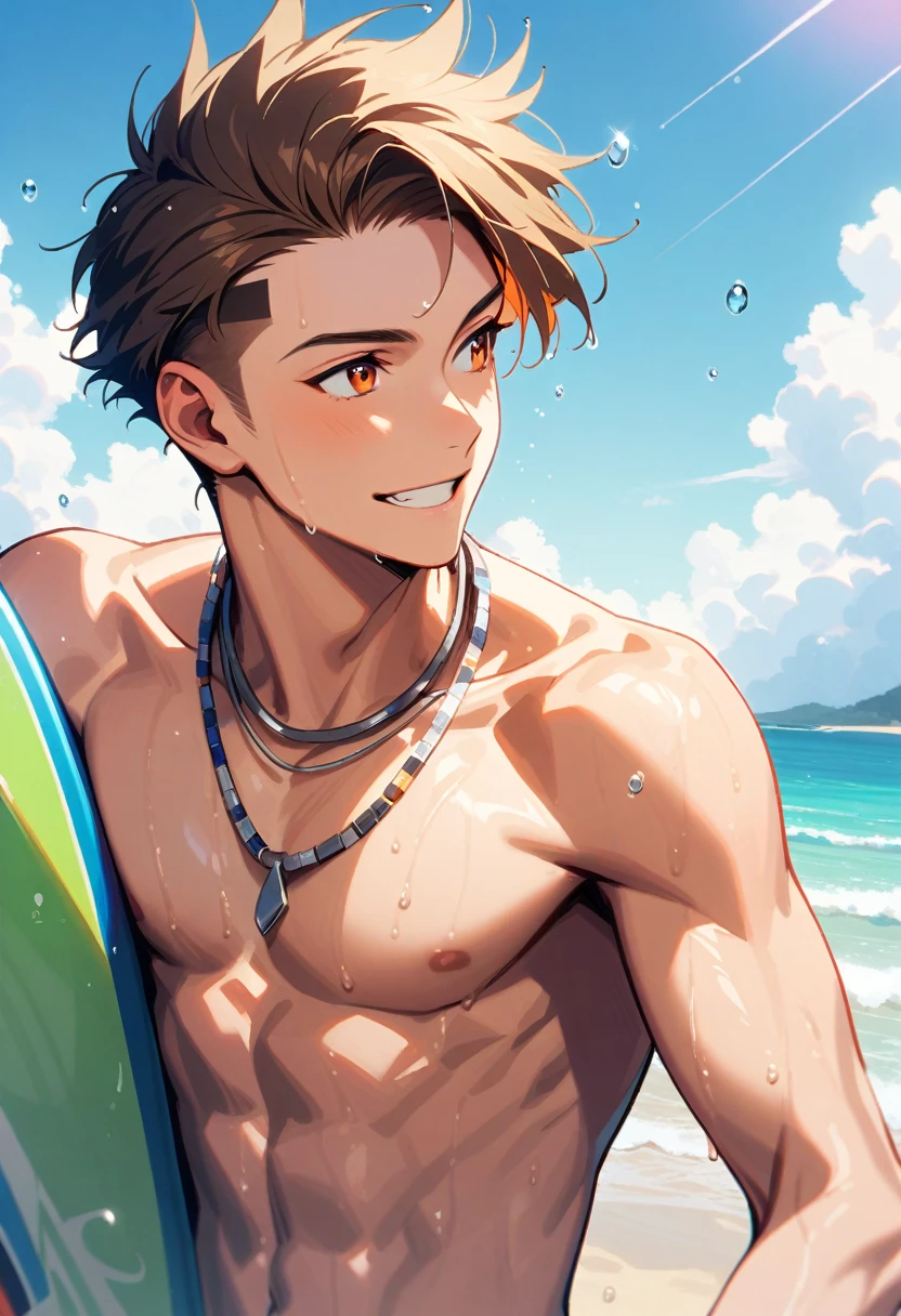 A young man, 21-years-old, solo, Caucasian, mature face, wild spiky undercut brown hair, orange eyes, cheerful smile, mouth open, no shirt, shirtless, red swimming trunks, thin silver necklace, holding a surfboard, wet, beach, looking off into the distance