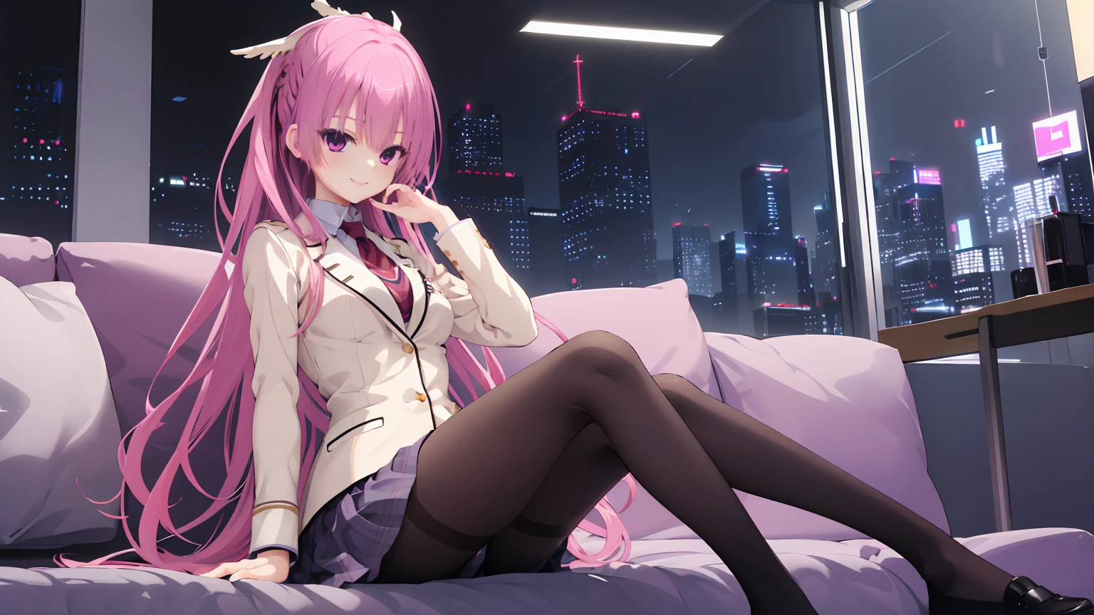 A girl，solo，Pink long hair，happy，Smile，Medium long hair，Dissemination，kikka academy uniform, pantyhose, highres, absurdres，Black underwear,City background，Cyberpunk, Anime style 4k, Sitting on the sofa，indoors，In the bedroom，mitsukasa ayase、Character-centered