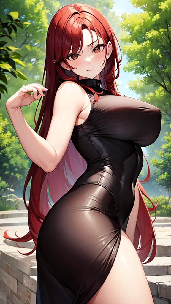 1 female, Brown eyes, Red hair, big nipples, big butt, Black sleeveless dress, pose sensual, flirtatious look, natural environment 