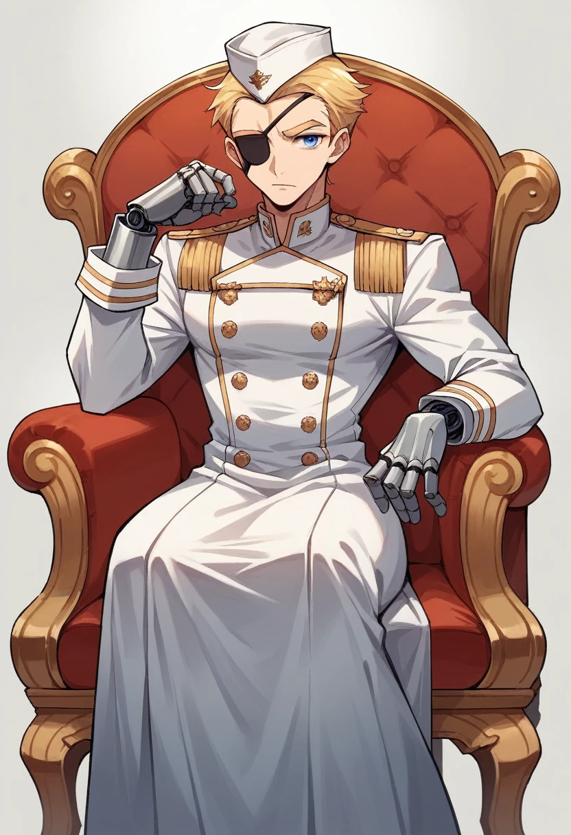 commander anime girl, white commander clothes, 18 years old, tall, medium length blonde hair, blonde eyebrows, blue eyes, eye patch, right a mechanical arm, left arm a normal arm, sitting in a chair at the head of a large and long covenant table, alone, white commander hat, 8K Image Quality