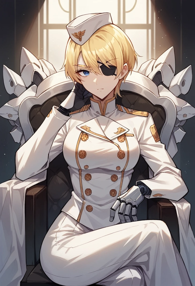 commander anime girl, white commander clothes, 18 years old, tall, medium length blonde hair, blonde eyebrows, blue eyes, eye patch, right a mechanical arm, left arm a normal arm, sitting in a chair at the head of a large and long covenant table, alone, white commander hat, 8K Image Quality