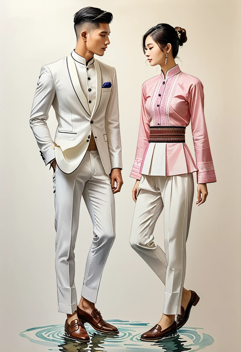 candid fashion illustration of two young man and women, 20-27 year old, adorned in a meticulously crafted North Thai traditional outfits, Lampang, ((showcase fashion Lanna style in cotton handwoven)), simple elegant style, The man wears a simple long-sleeved white mandarin collar suit, paired with Tailor pants, and oxford shoes, The woman complements him with mini tubular skirt made from a cotton ankle-length, simple minimal pink patterns details, fitted intricately decorated waist-length blouse that complements the skirt, standing, Captured in full-body image, ((imperfect water color background)), sketching, realistic drawing, imperfect water color drawing, fashion look book, fashion illustrator, sketch design,