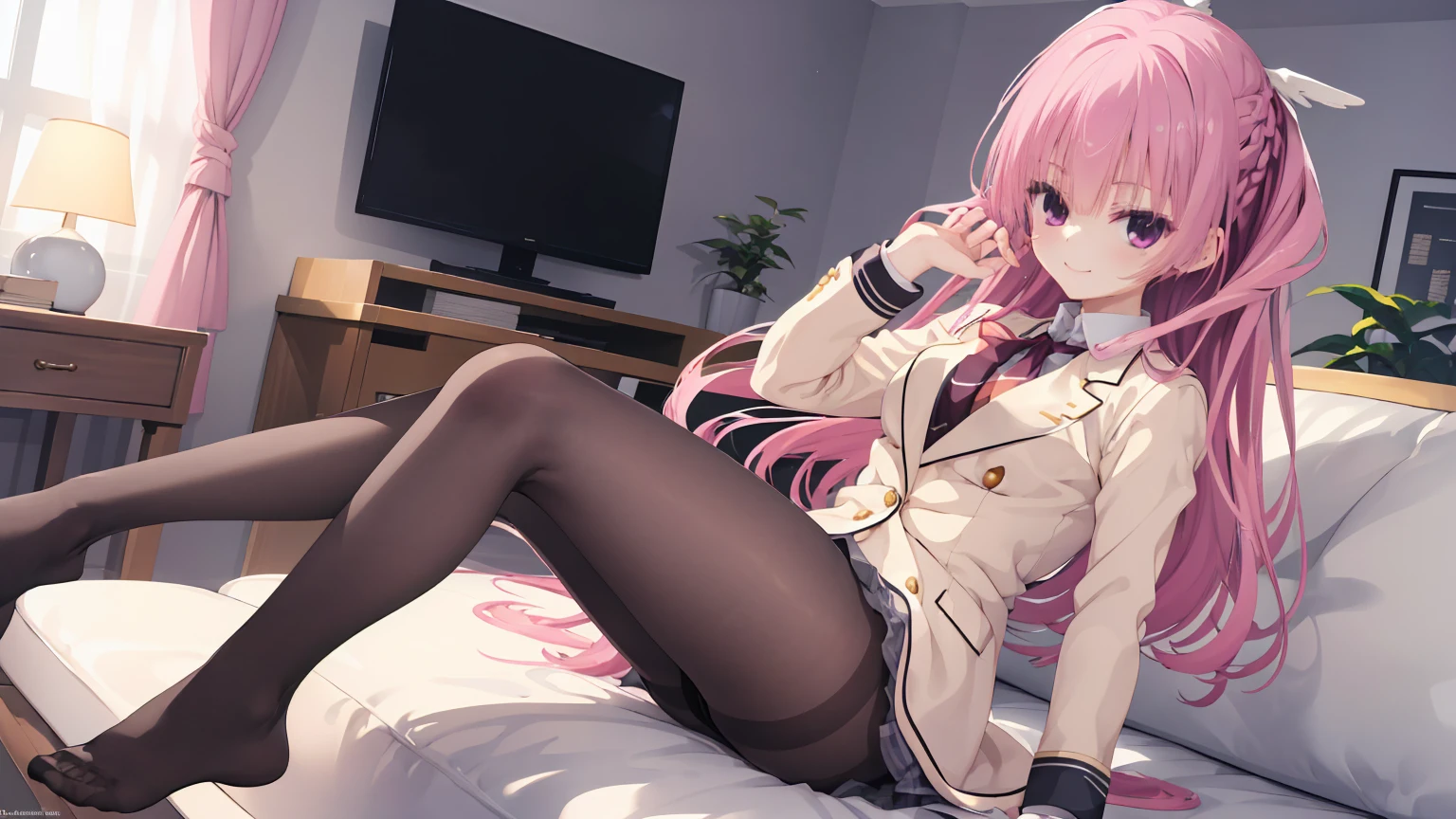 A girl,solo,Pink long hair,happy,Smile,Medium long hair,Dissemination,kikka academy uniform, pantyhose, highres, absurdres,Black underwear,City background, Anime style 4k, Sitting on the sofa,indoors,In the bedroom,mitsukasa ayase、Character-centered