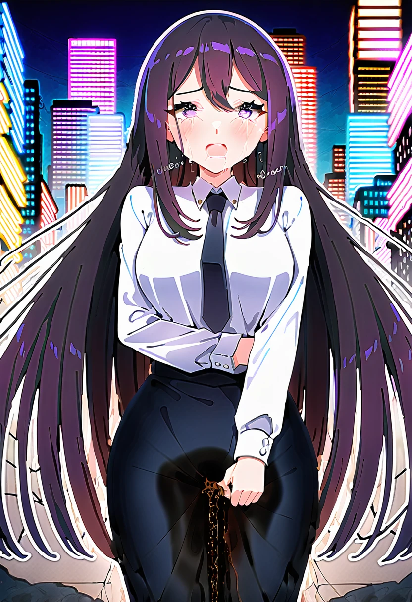 (masterpiece:1.37), best quality, (extremely detailed:1.37), woman, mature, adult, large breasts, very long hair, (straight hair:1.5), dark purple hair, purple eyes, (extremely detailed eyes:1.37), business suit, necktie, (long pencil skirt:1.5), pantyhose, desperation, (wetting self:3.5), standing, embarrassed, humiliation, blushing, angry, city, futuristic, neon lighting, high-tech, street