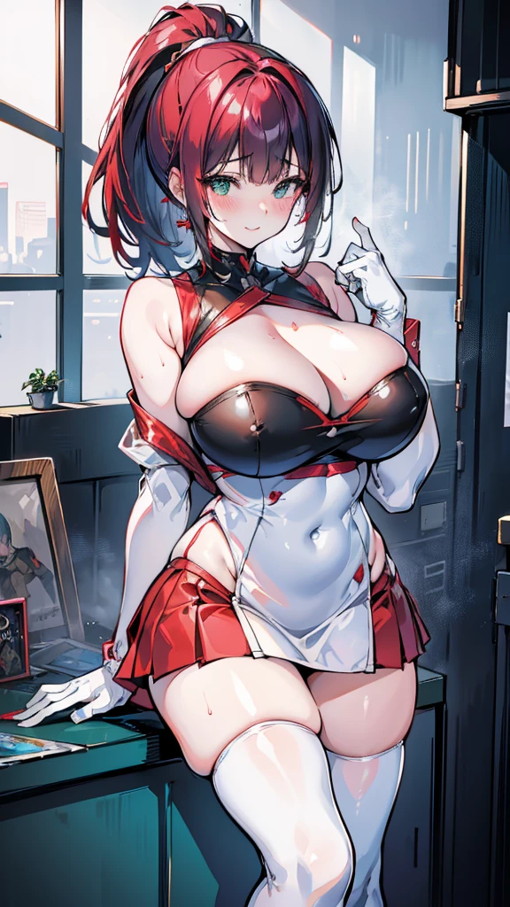 18-year-old girl,Baby Face,Crimson short-haired,ponytail hairstyle,Smile,Huge breasts,cleavage,Sheer red sleeveless top,Leave space in the middle to reveal cleavage,Soaked all over,Blushing,green eyes,Female spy,Red miniskirt,White gloves,White hand sleeves,White boots,Science fiction,Future,Inside the mecha combat robot warehouse,robot driver,Pistol hanging on waist,No bangs,Wearing earrings only on one side,Lipstick