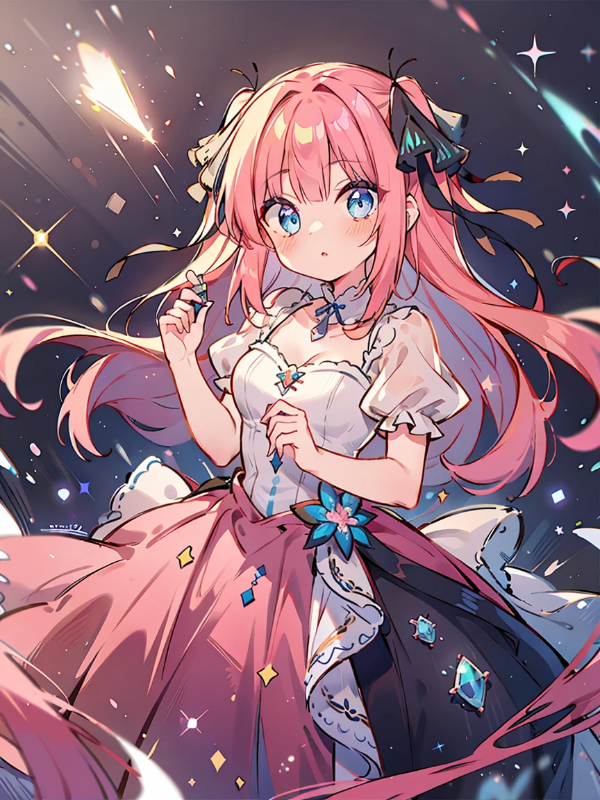 bioluminescent shiny glow, beautiful girl in flowing ballgown dress, galaxy style dress, galaxy glow, sparkling, ethereal, fluffy flowing hair, silky glistening iridescent pink hair,  nakano nino, hair ribbons, blue eyes