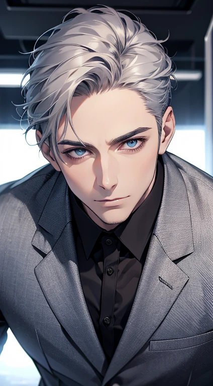 (best quality,4k,8k,highres,masterpiece:1.2),ultra-detailed,(realistic,photorealistic,photo-realistic:1.37),1 man,31 years old,mature man,very handsome,without expression,smile,short grey blue hair,blue eyes,penetrating gaze,perfect face without errors,imposing posture,businessman,office background,cinematic lighting,hdr image