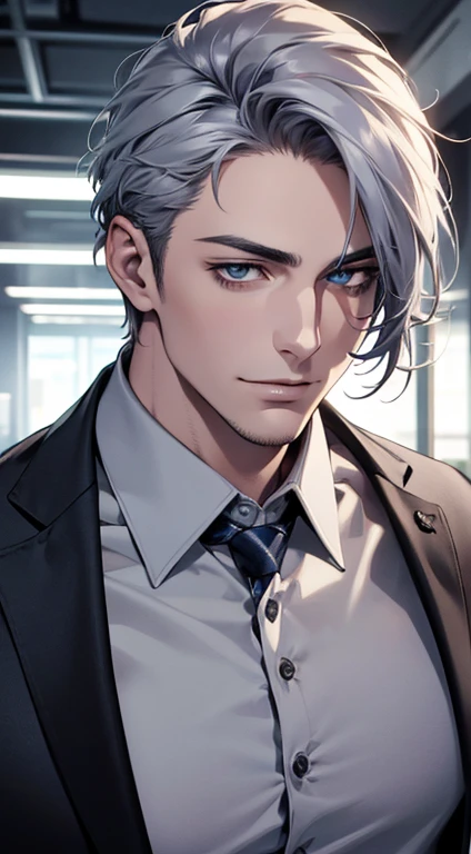 (best quality,4k,8k,highres,masterpiece:1.2),ultra-detailed,(realistic,photorealistic,photo-realistic:1.37),1 man,31 years old,mature man,very handsome,without expression,smile,short grey blue hair,blue eyes,penetrating gaze,perfect face without errors,imposing posture,businessman,office background,cinematic lighting,hdr image