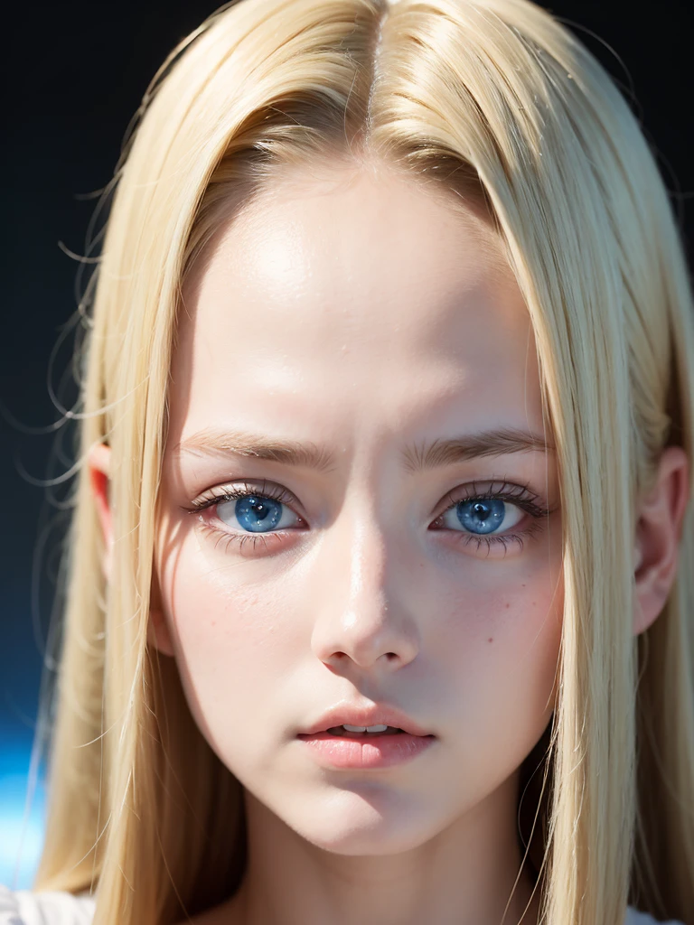 Face of an 18-year-old girl with white skin and blonde hair, blue eyes and long eyelashes , oval face and taken from the front with white light as if it were taken with a hyper-realistic professional camera 