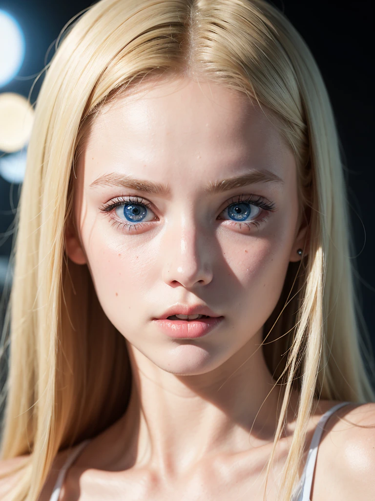Face of an 18-year-old girl with white skin and blonde hair, blue eyes and long eyelashes , oval face and taken from the front with white light as if it were taken with a hyper-realistic professional camera