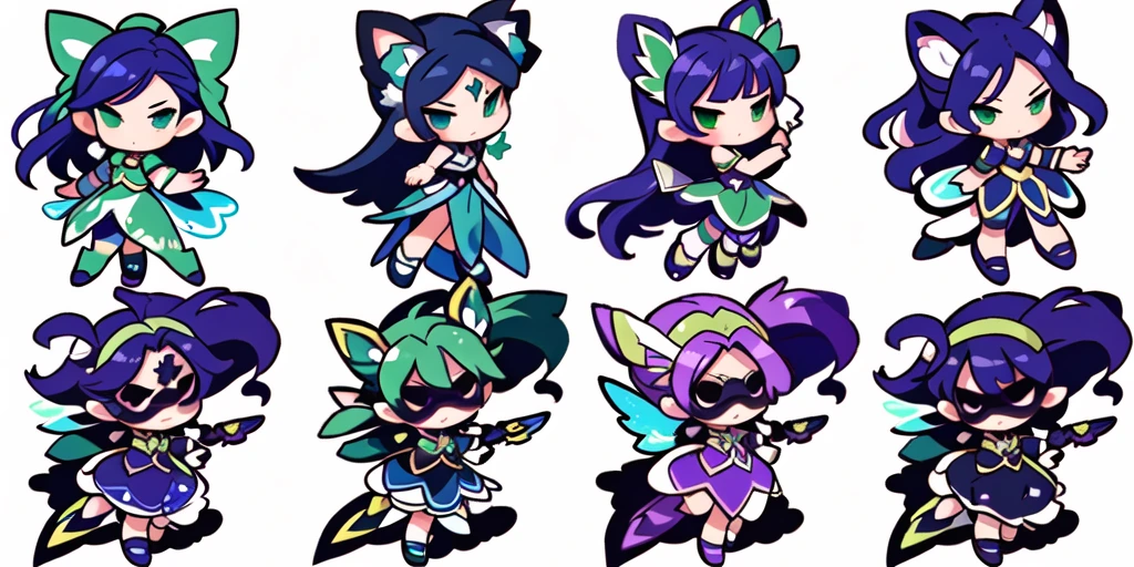 a close up of a cartoon character with different poses, spritesheet, sprite sheet, with familiar sprites, sprites, fairy girl, morgana, default pose neutral expression, twirling, sprite 2 d, shady, green fairy, smol, multiple poses, cute chibi, kawaii