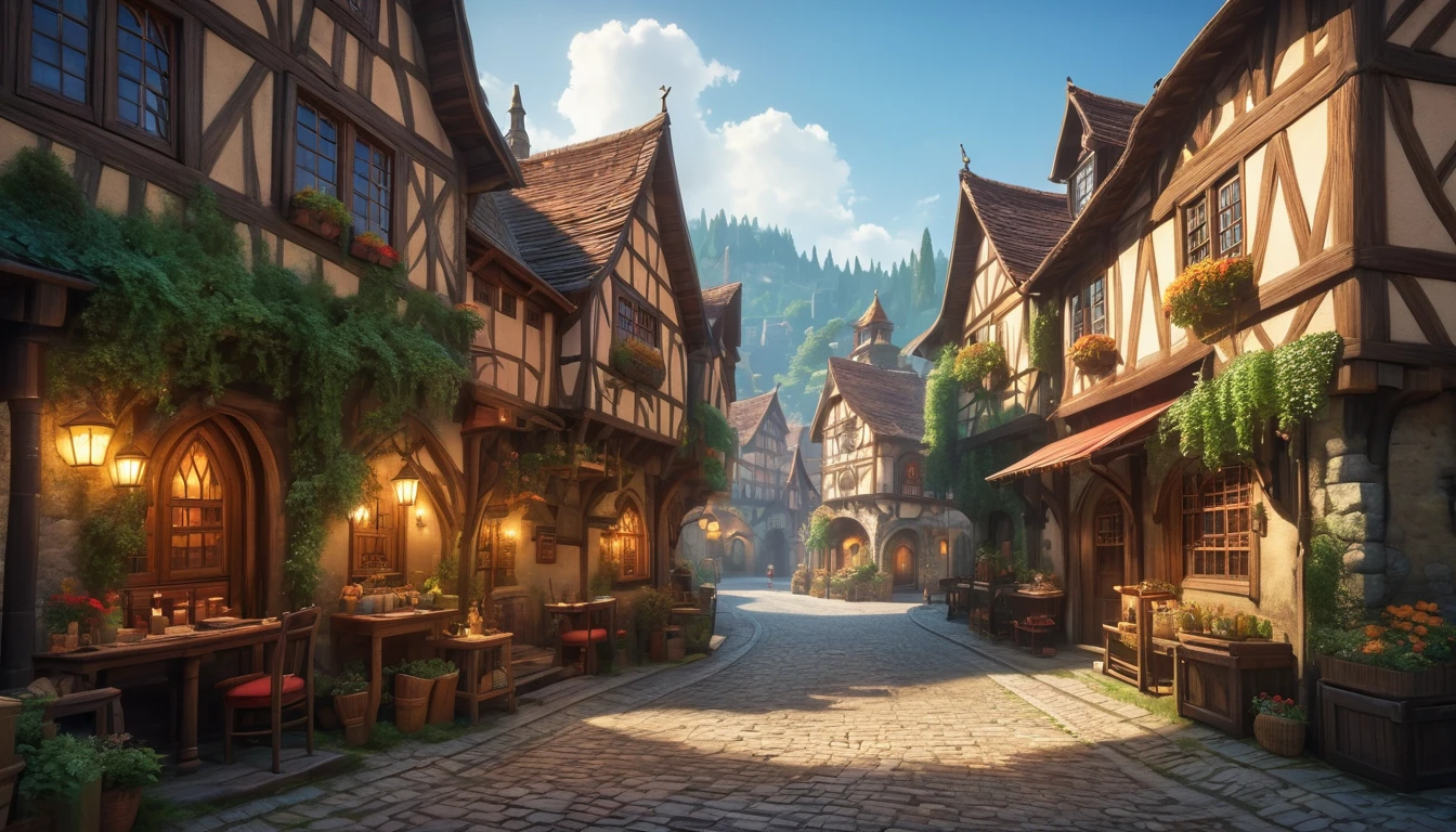 (anime, fantasy, medieval town), (detailed CG unity 8k wallpaper, masterpiece, best quality, ultra-detailed, HDR:1.2), vibrant colors, intricate, high FXAA, a humble medieval town, intersection alley, fantasy medieval, unique houses, lively crowd, people, natural interaction, dramatic lighting, dramatic camera angle, moody atmosphere, (DonMN1gh7XL)