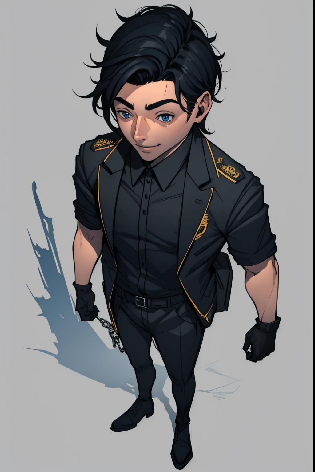 A single 16-year-old boy with shiny black hair, large blue eyes, a happy little smile and your fine face, wearing an elegant school uniform . 2d style simple comic design. Marvel and DC reference.