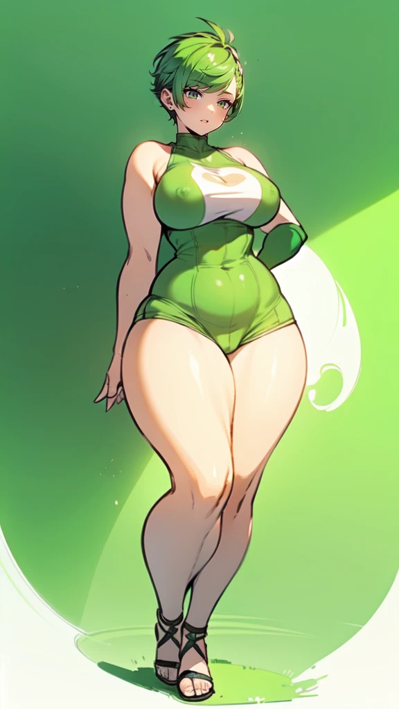 (masterpiece), best quality, female warrior, huge girl, female muscular:1.2, ((very short hair:1.6)), green hair, big breast, (curvy:1.8), (((blank background))), ((full body)), fingerless gloves, sandals, sleeveless, covered nipples, tshirt top, shaved hair, (buzzcut hairstyle), white socks