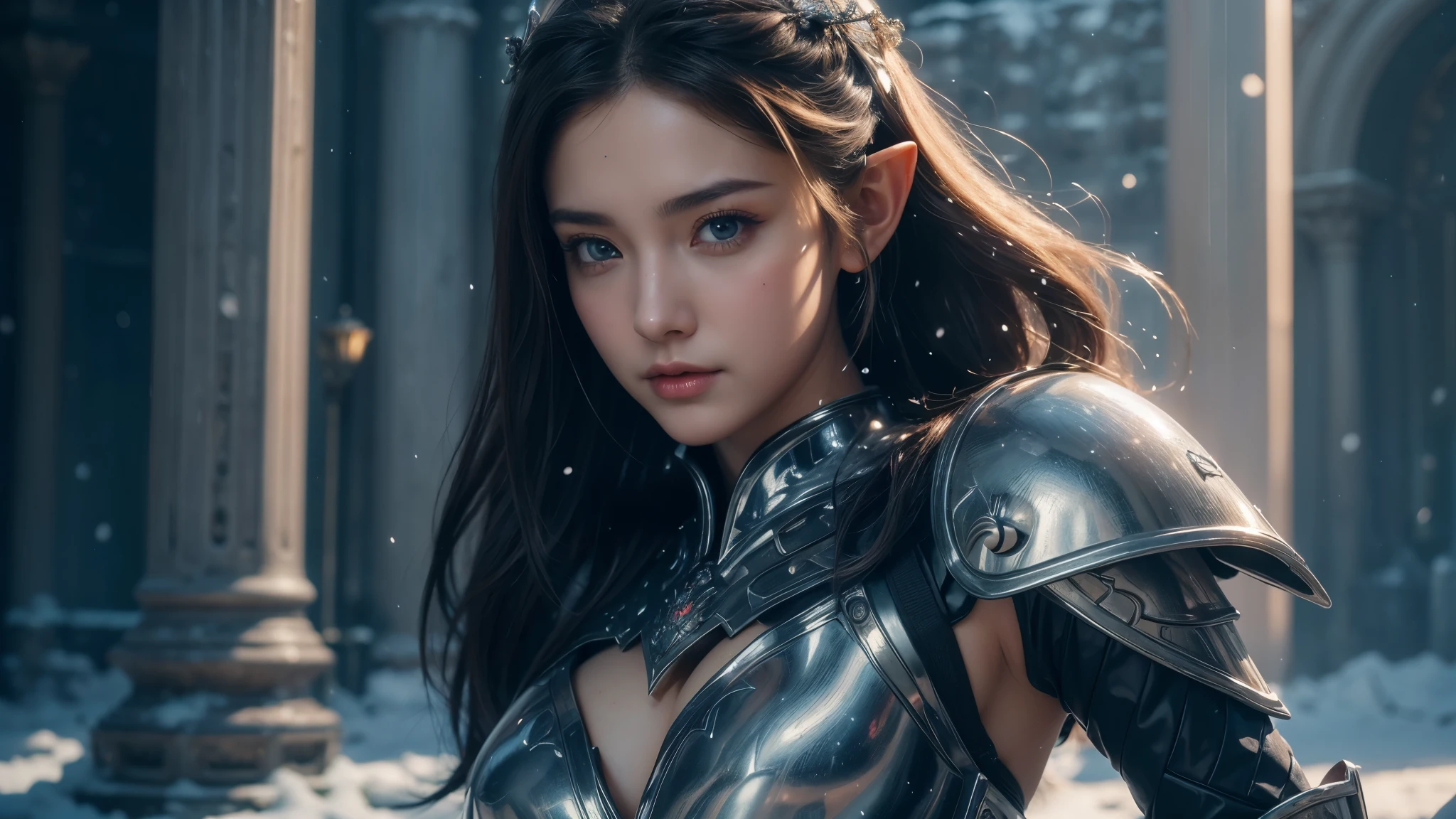 Close-up of woman holding sword and armor, Armor Girl, 2. 5D CGI anime fantasy artwork, Large Breasts，Epic fantasy digital art style, detailed Digital 2D fantasy art, Digital 2D fantasy art, original photo, (best quality:1.3), high resolution, (masterpiece), (lifelike:1.4), Professional photography, Clear focus, High Dynamic Range, 8k resolution, Intricate details, Fine details, Depth of Field, Extremely detailed CG unified 8k wallpaper, masterpiece，poster，best quality，Official Art，（Beauty and aesthetics：1.2），（masterpiece：1.3），Female Elf，individual，Light Leather Armor，complex pattern，snow，Cyberpunk style future city，Medium distance photography，（early morning），dramatic，Glowing Wings，