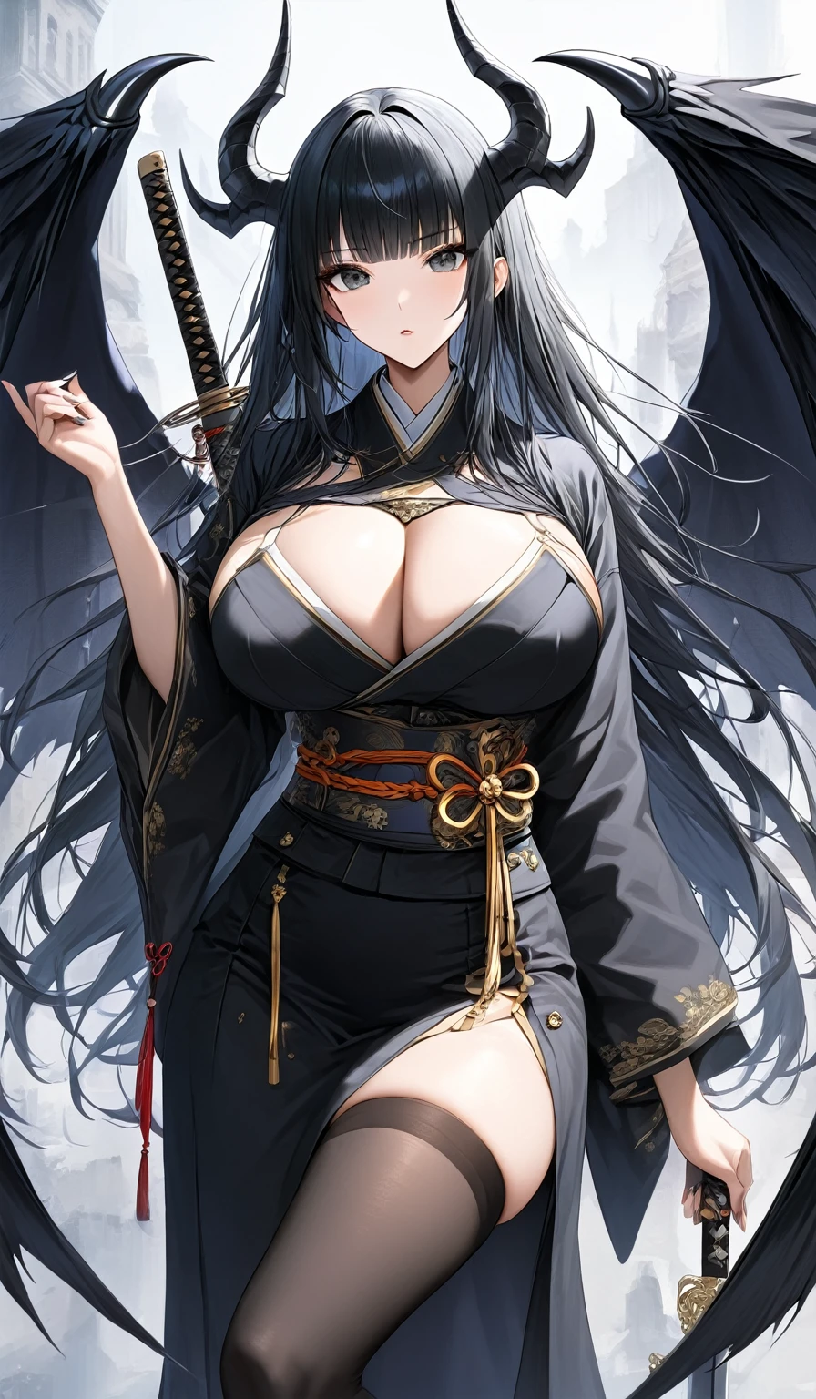 Masterpiece, very detailed, ultra detailed, one, (1 woman), Photo of a woman in a short Japanese yukate with gold details and black stockings, with a black katana in her hand with an aura of death, with black eyes, long black straight hair and straight bangs, with huge breasts, she with black demonic horns and black dragon wings, around her the aura of death