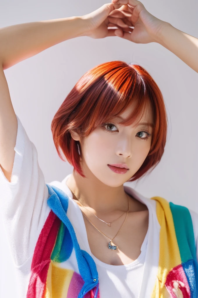 (Highest quality, 8K, 32k, masterpiece, Ultra-high resolution:1.2),Beautiful Japanese Women Photos, Rainbow clothes、Rainbow hoodie、Large Breasts, Very short bob hair,Red hair, necklace, Simple Background, From above, View your viewers、Rainbow Hair、White background、peace sign、Pause.Colorful clothes、White background、Colorful hair、White background