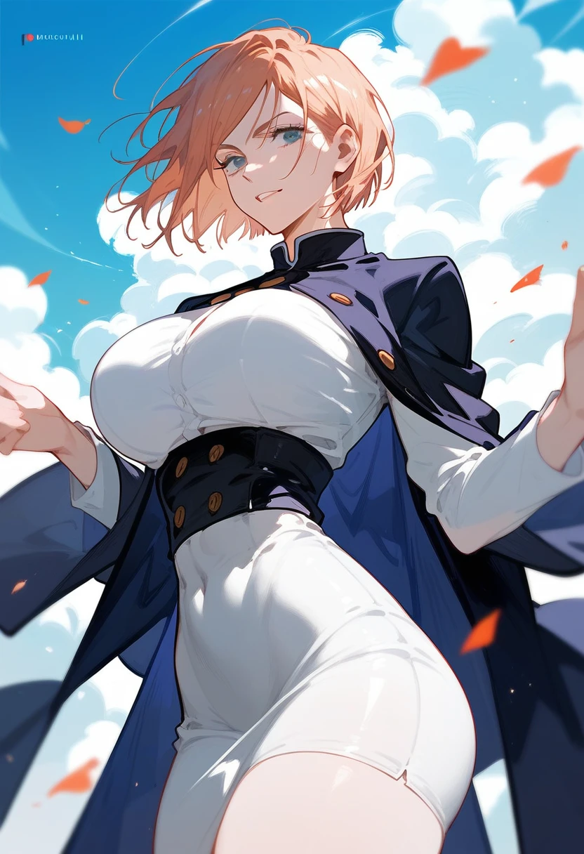 Nobara jujutsu kaisen with a tight white dress highlighting the curves of the body ( small waist and big breasts and ass)