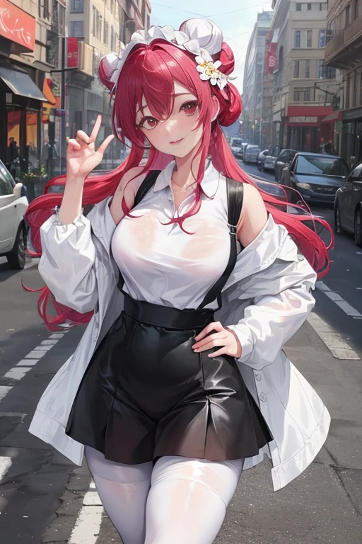 tmasterpiece、Need、1female、a blue dress,Ancient style China、 White cloth bun bun bun、Shoulder leakage、The chest is large、chubbiness、ssmile、Black suspender tights、lace leggings、pale pink lip、Pose on the street,(drenched all over the body),legs are open, solo, White polo shirt, looking at viewert, (Thigh thick:1.0),Yazawa Nico,red eyes, face flushed,Blunt hair,both hands on hip,greet,Flower headdress,