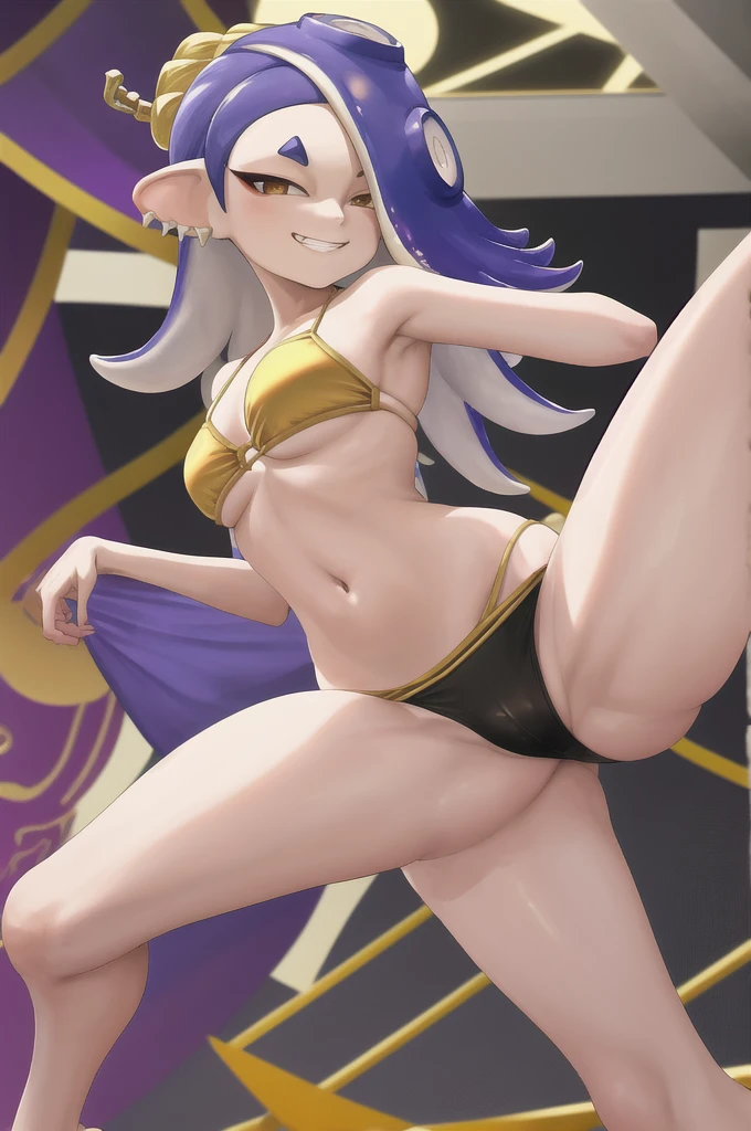 masterpiece, best quality, highres, 1girl shiver, sexy gold bikini, smug grin, legs spread 