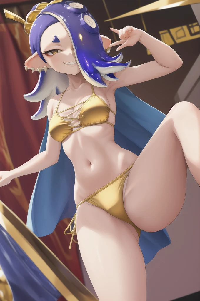 masterpiece, best quality, highres, 1girl shiver, sexy gold bikini, smug grin, legs spread 