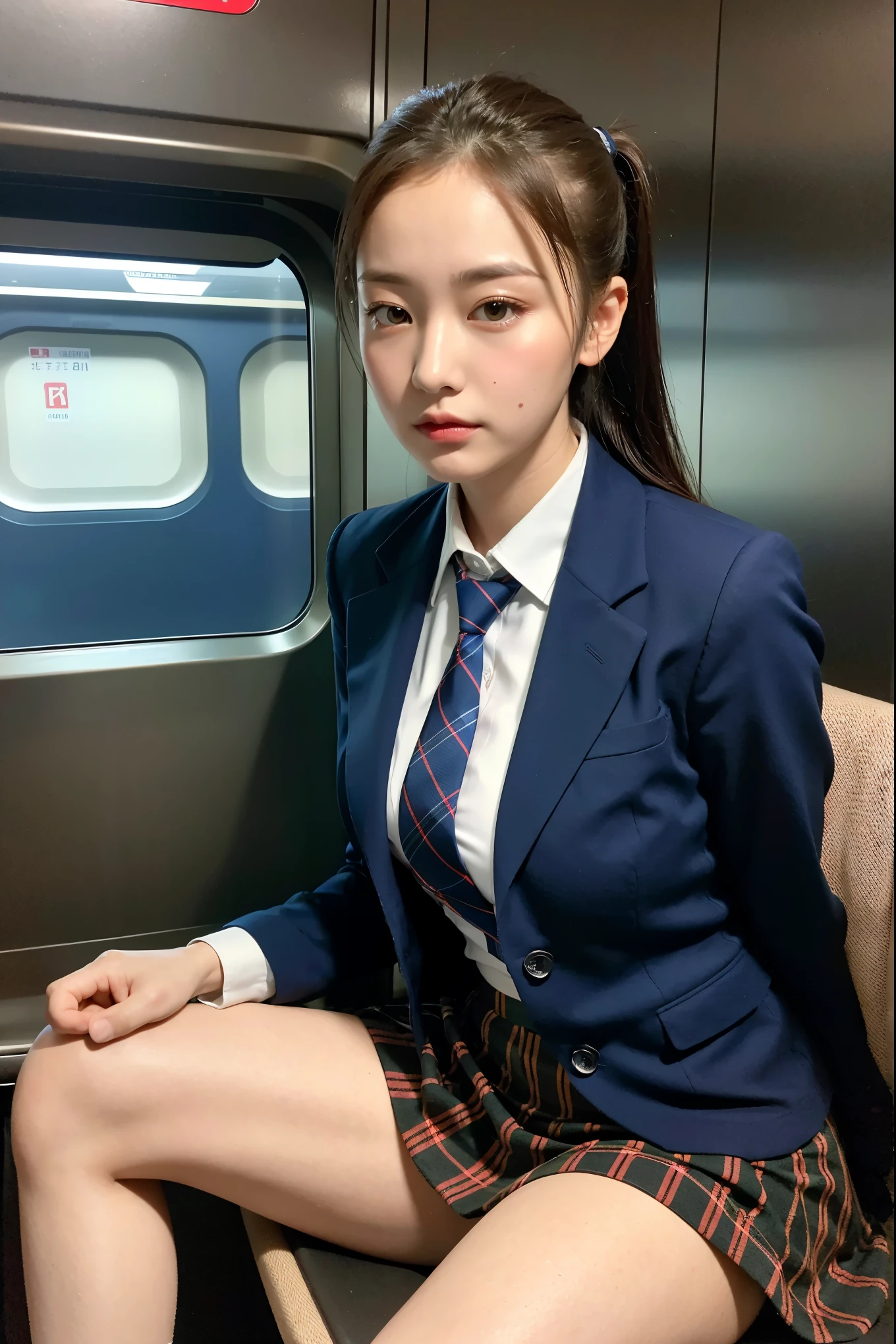 (8K), (best quality: 1.2), (realistic), (realistic: 1.37), ultra high resolution, 1 girl, cute, serious face, closed mouth, beautiful details, beautiful nose, beautiful hair, ponytail,huge two cells, pork, thighs,Self Snap,College student ,sitting on a train in tokyo,simple blazer,pleated skirt,(The pattern of the skirt and tie is a tartan check pattern....:1.3),cross one's legs, from above,(thighsにクローズアップ),(光沢のあるthighs),(opaque blue knee high socks:1.2)