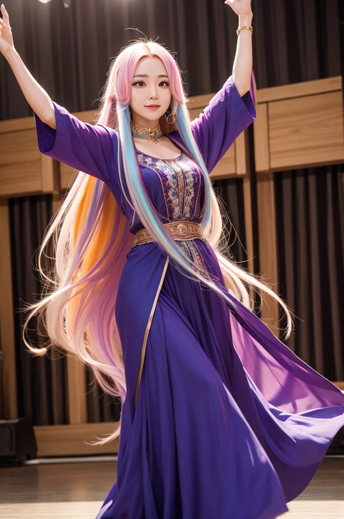 A woman with long colored hair dancing