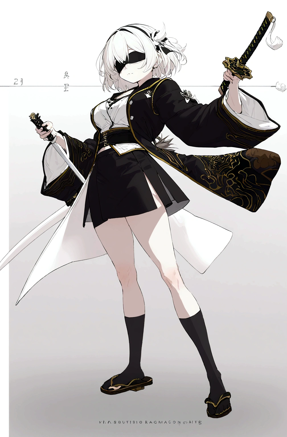 short hair, color albino, with a black blindfold, black suit with a black skirt and sweatshirt on top of a long black jacket with wide sleeves and gold details, black socks and wooden flip-flops and a black and gold katana 