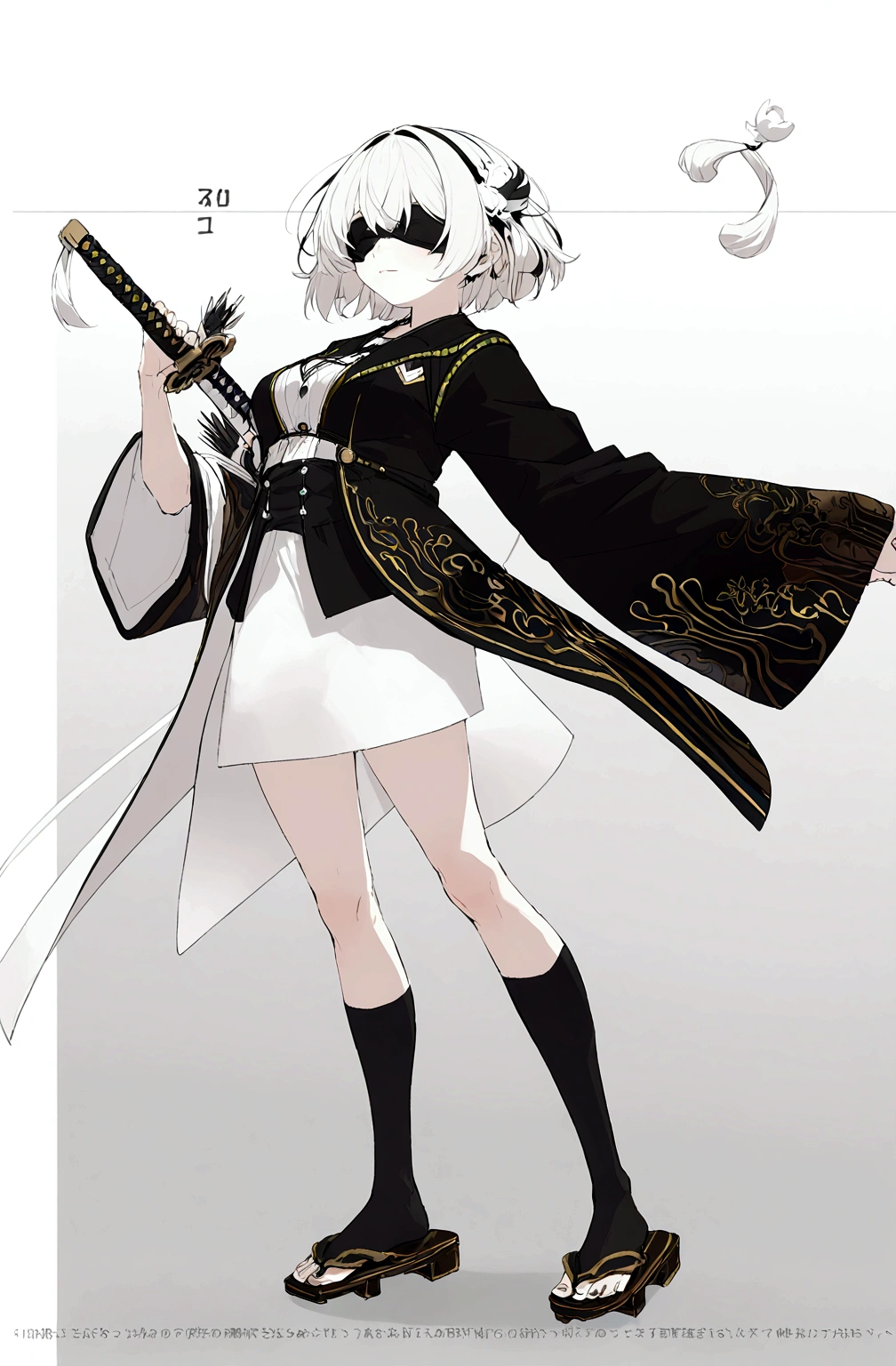 short hair, color albino, with a black blindfold, black suit with a black skirt and sweatshirt on top of a long black jacket with wide sleeves and gold details, black socks and wooden flip-flops and a black and gold katana